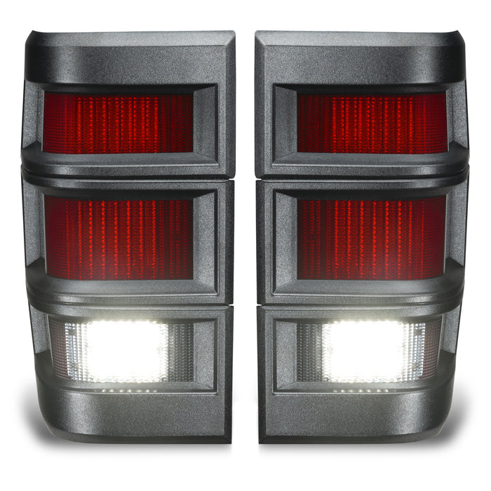 Front view of Jeep Comanche MJ LED Tail Lights with reverse lights on