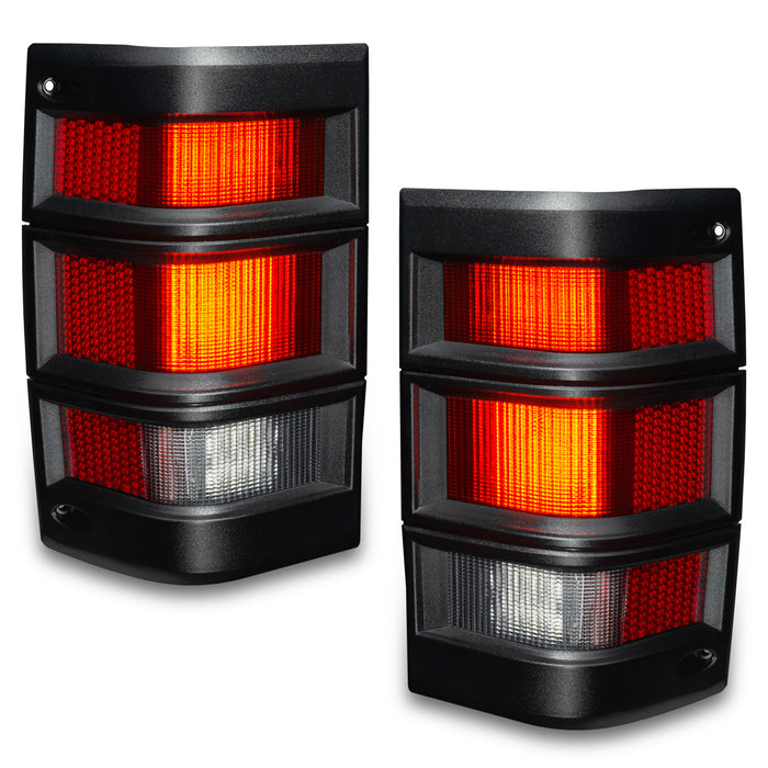 Angled view of Jeep Comanche MJ LED Tail Lights with DRLs on