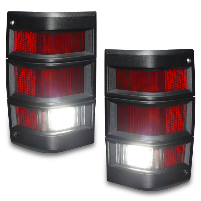 Angled view of Jeep Comanche MJ LED Tail Lights with reverse lights on