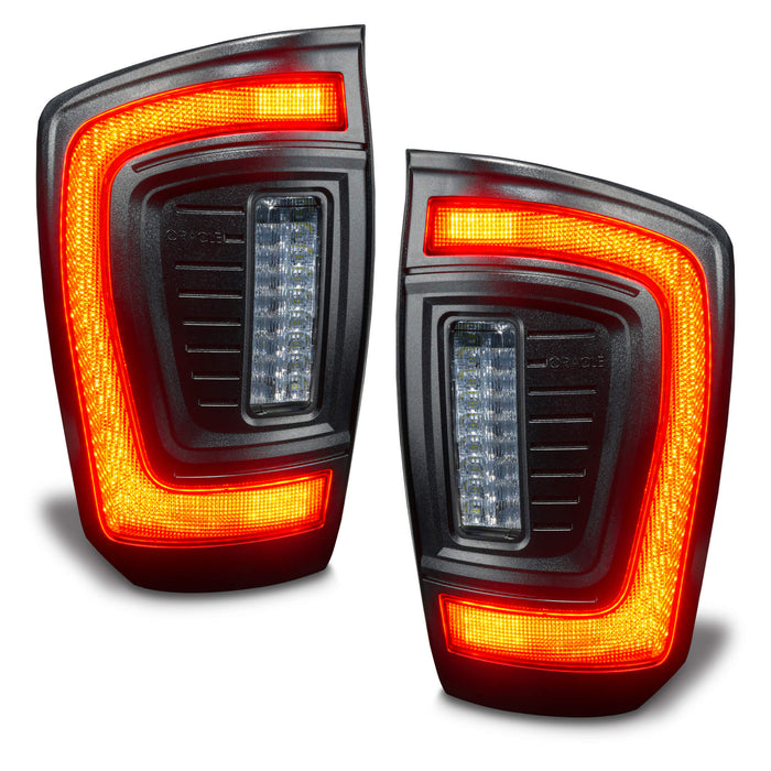 Angled view of Flush Style LED Tail Lights for 2016-2023 Gen 3 Toyota Tacoma with brake lights on