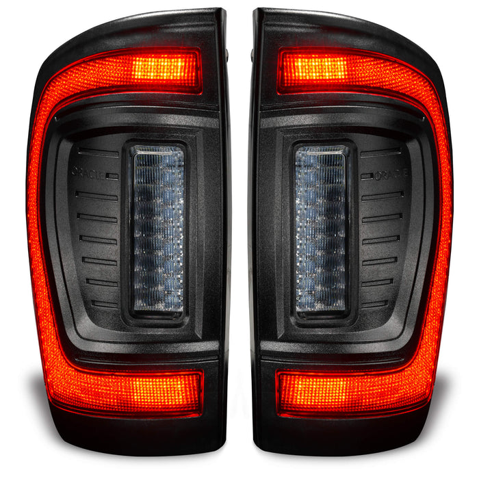 Front view of Flush Style LED Tail Lights for 2016-2023 Gen 3 Toyota Tacoma with running lights on