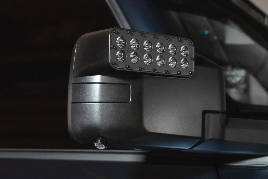 Close-up of a LED Side Mirror installed on a Ford Bronco with Puddle Light upgrade