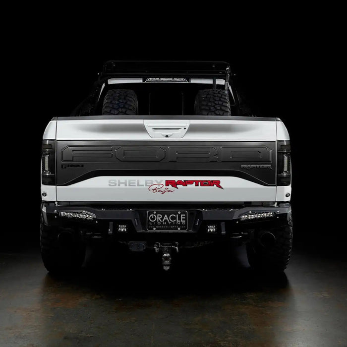 Rear view of white Ford Raptor with Tinted Flush Style LED Tail Lights installed