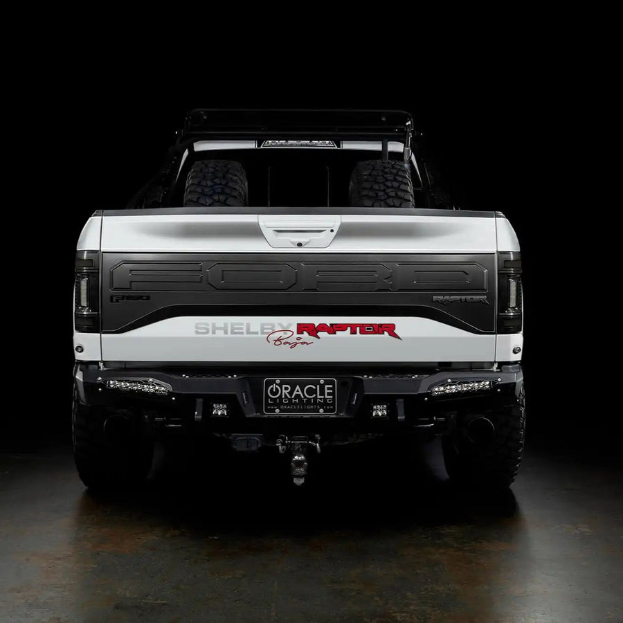 Rear view of white Ford Raptor with Tinted Flush Style LED Tail Lights installed