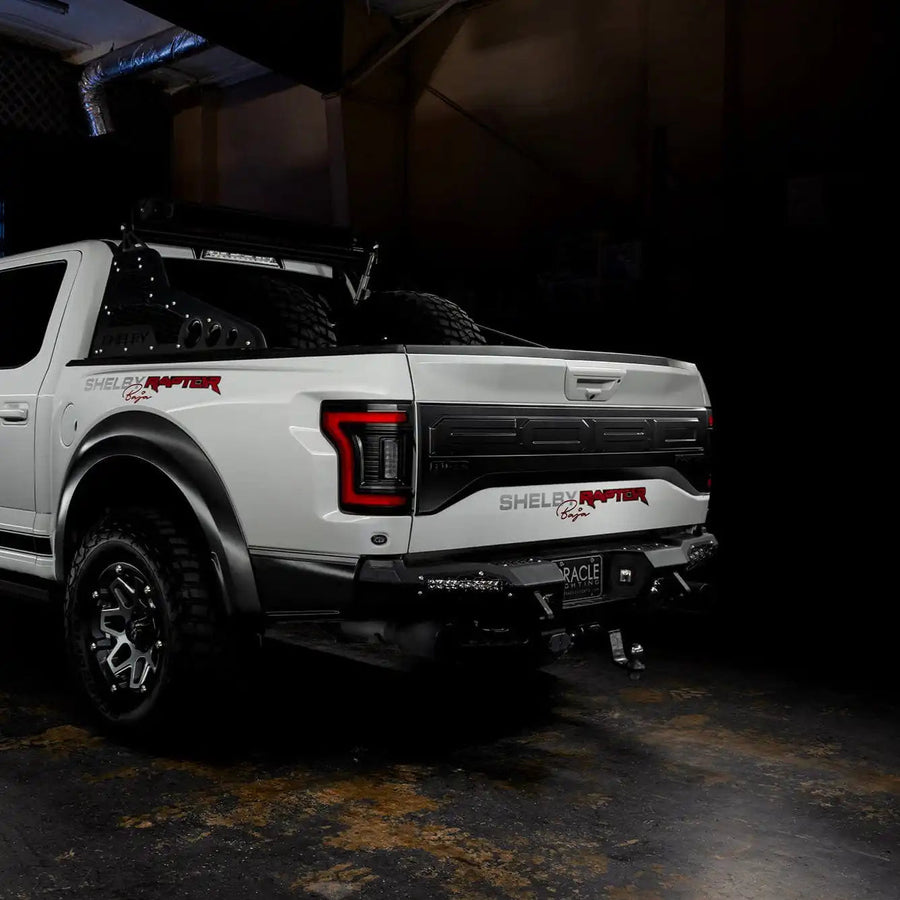 Rear three quarters view of white Ford Raptor with Flush Style LED Tail Lights installed