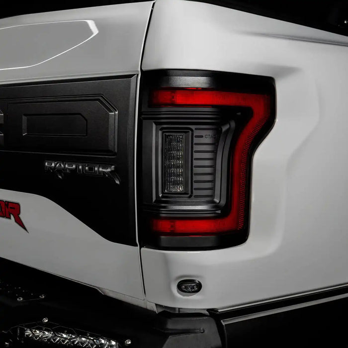Close up of Flush Style LED Tail Lights installed on white Ford Raptor