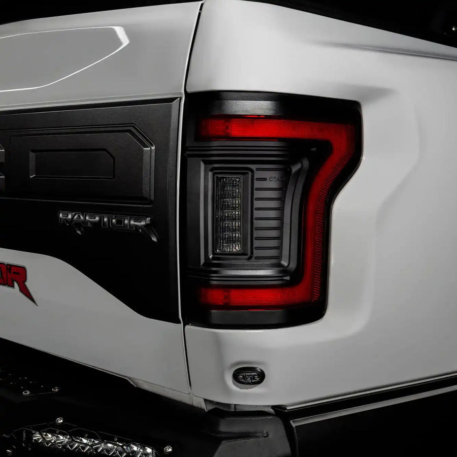 Close up of Flush Style LED Tail Lights installed on white Ford Raptor