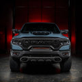 Straight front view of a RAM TRX with LED Off-Road Side Mirror Ditch Lights installed