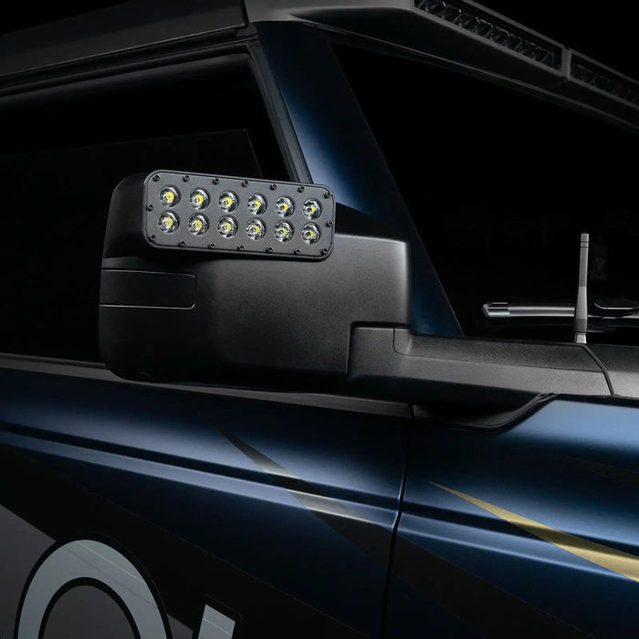 Close-up of LED side mirror installed on ford bronco
