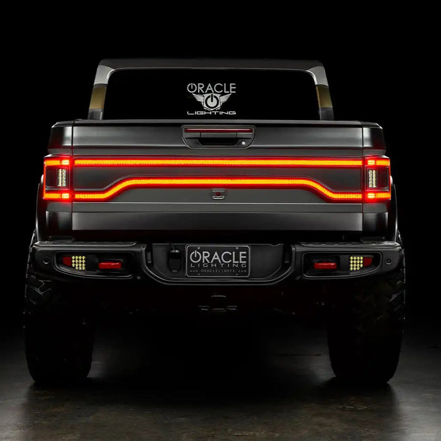 Rear view of Jeep Gladiator JT with Racetrack Tail Gate DRL on