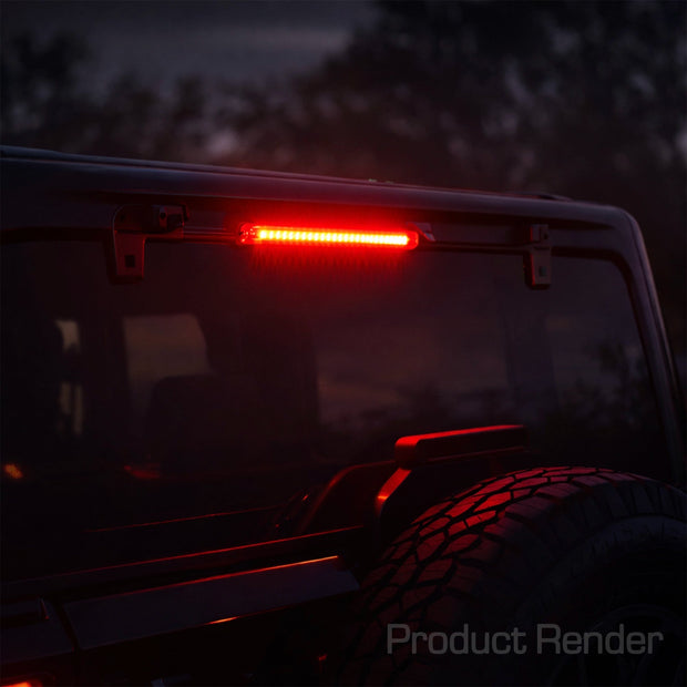 Linear Universal LED 3rd Brake Light (CHMSL) Module - Red illuminated on a vehicle at night, enhancing visibility.