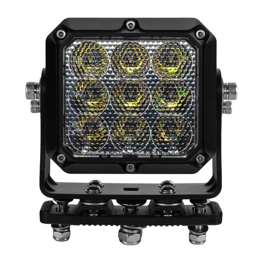 Black LED work light with hexagonal pattern on a white background