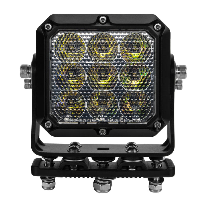 Black LED work light with hexagonal pattern on a white background