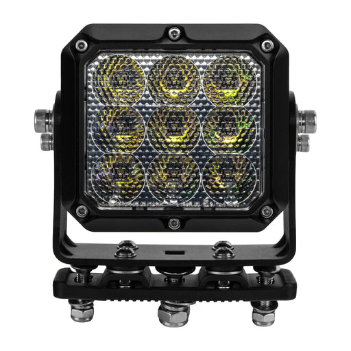 Black LED work light with hexagonal pattern on a white background
