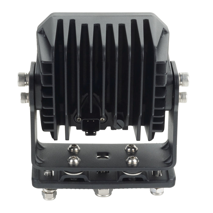 Black metal component with cooling fins on a white background