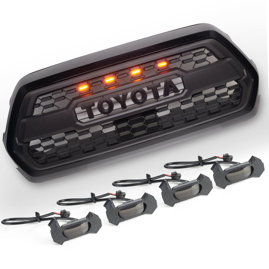 2016-2023 Gen 3 Toyota Tacoma TRD PRO Pre-Runner Style LED Grill Light Kit with four light mounts.
