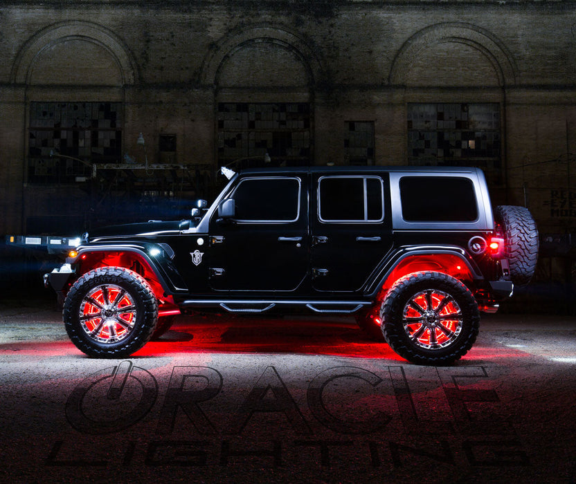 Side view of black Jeep with red LED lighting products.
