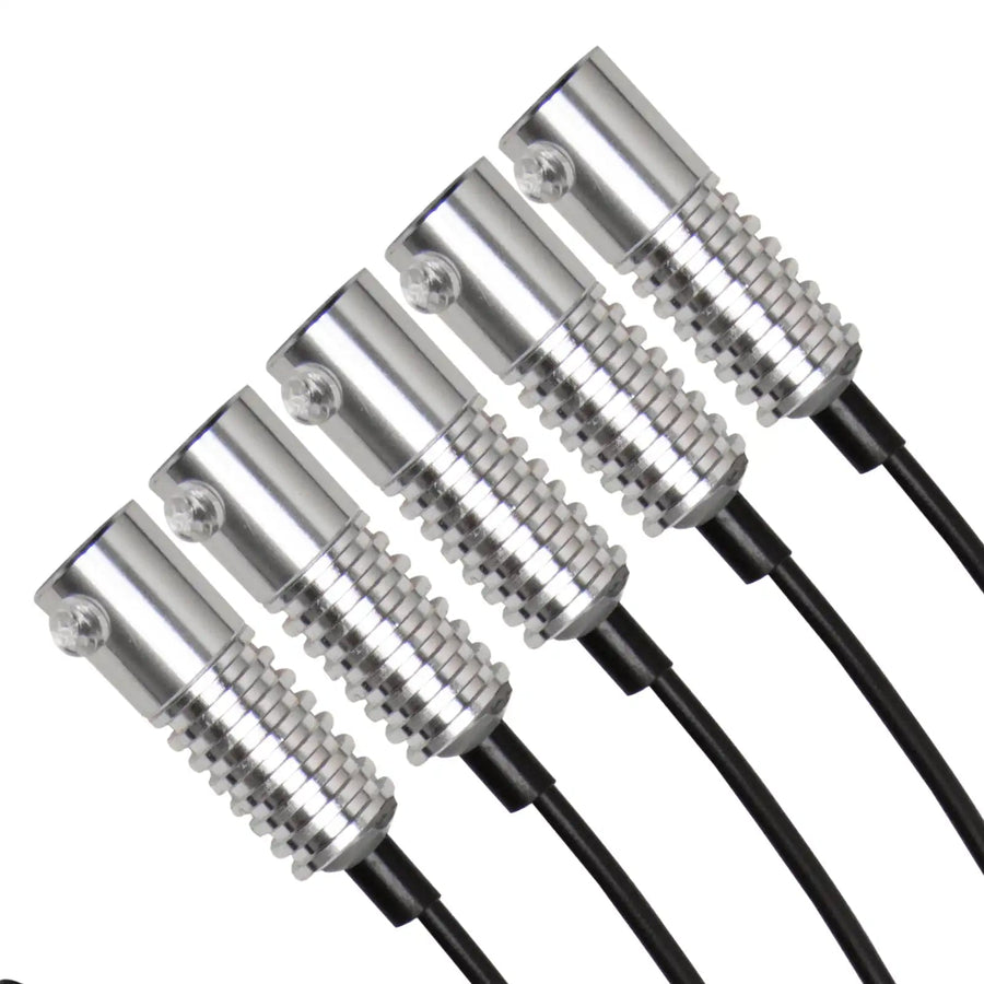 Close-up on five Fiber Optic LED Light Heads.