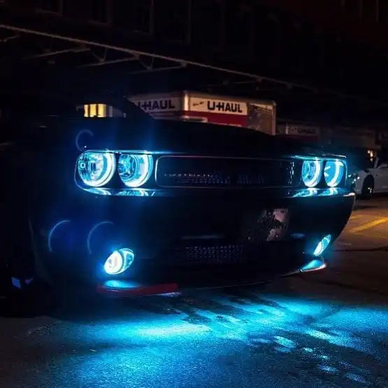 Black Charger with white halos and white LED underbody kit installed.