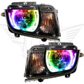 Chevrolet Camaro headlights with ColorSHIFT LED halo rings.