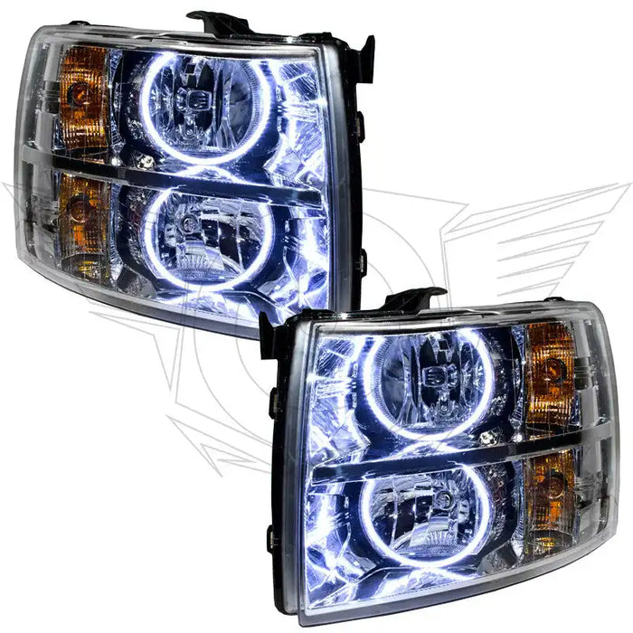 Chevrolet Silverado headlights with white LED halo rings.
