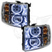 Chevrolet Silverado headlights with white LED halo rings.