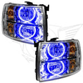 Chevrolet Silverado headlights with blue LED halo rings.