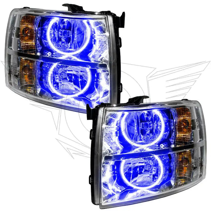Chevrolet Silverado headlights with blue LED halo rings.