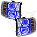 Chevrolet Silverado headlights with blue LED halo rings.