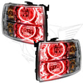 Chevrolet Silverado headlights with red LED halo rings.