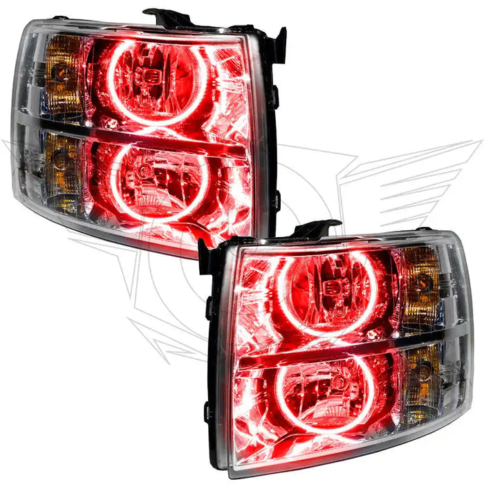 Chevrolet Silverado headlights with red LED halo rings.