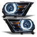 Ford Mustang headlights with white LED halo rings.