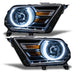 Ford Mustang headlights with white LED halo rings.