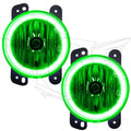 Jeep Wrangler JK fog lights with green LED halo rings.