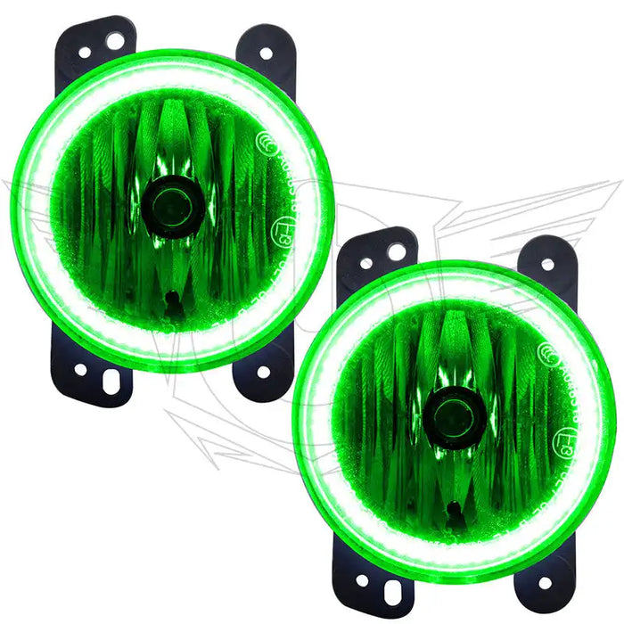Jeep Wrangler JK fog lights with green LED halo rings.