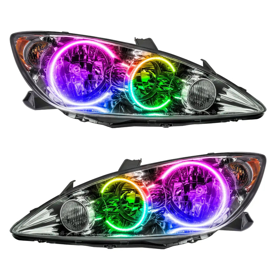 2005-2006 Toyota Camry Pre-Assembled Halo Headlights with ColorSHIFT LED halo rings.