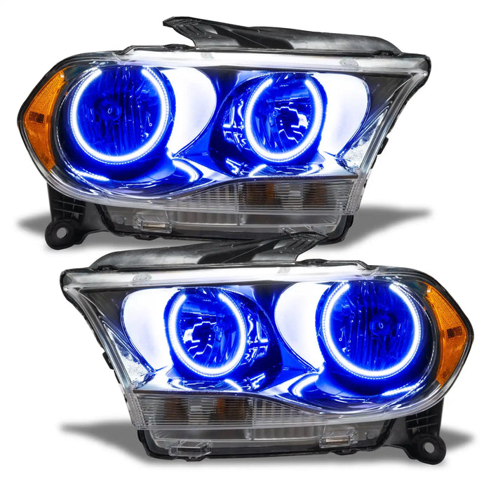 2011-2013 Dodge Durango Pre-Assembled Headlights Non-HID - Chrome Housing with blue LED halo rings.