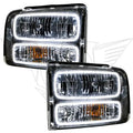 Ford Excursion headlights with white LED halo rings.