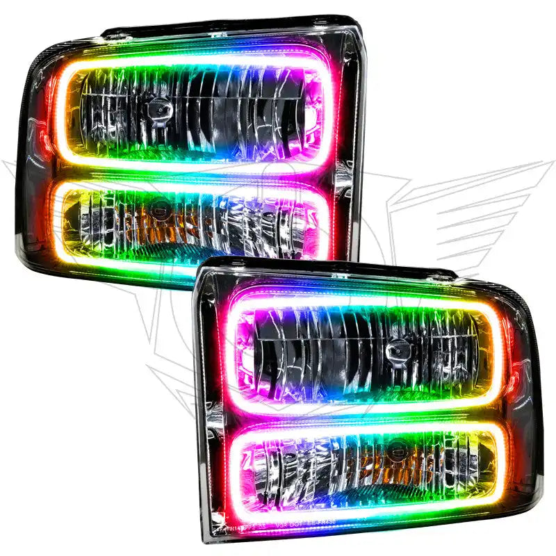 Ford Excursion headlights with ColorSHIFT LED halo rings.