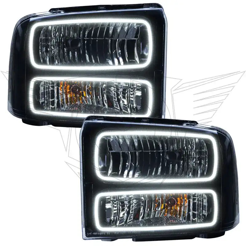 2005 Ford Excursion Pre-Assembled Halo Headlights - Black Housing with white LED halos.
