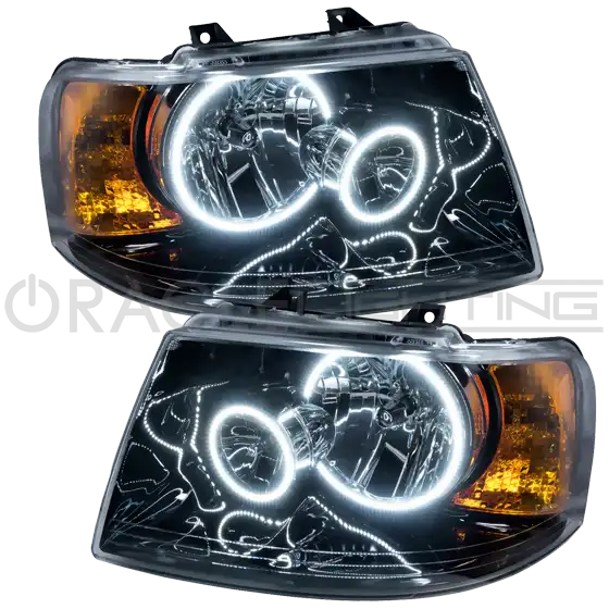 2003-2006 Ford Expedition Pre-Assembled Halo Headlights - Black Housing with white LED halo rings.