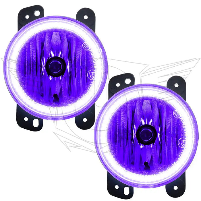 Jeep Wrangler JK fog lights with purple LED halo rings.