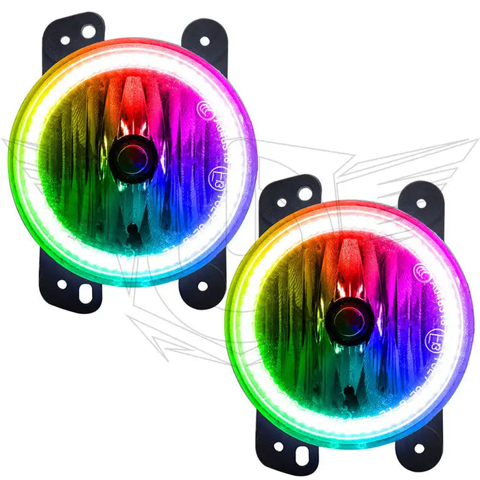 Jeep Wrangler JK fog lights with ColorSHIFT LED halo rings.