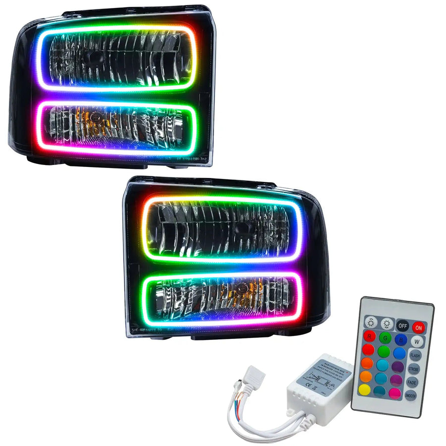 2005-2007 Ford F-250/F-350 Super Duty Pre-Assembled Halo Headlights - Black Housing with Simple Controller.
