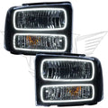 Ford Super Duty headlights with white LED halo rings.