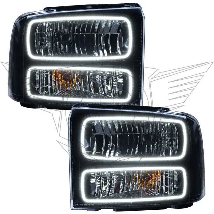 Ford Super Duty headlights with white LED halo rings.