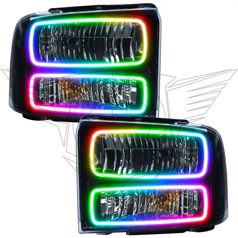 Ford Super Duty headlights with ColorSHIFT LED halo rings.