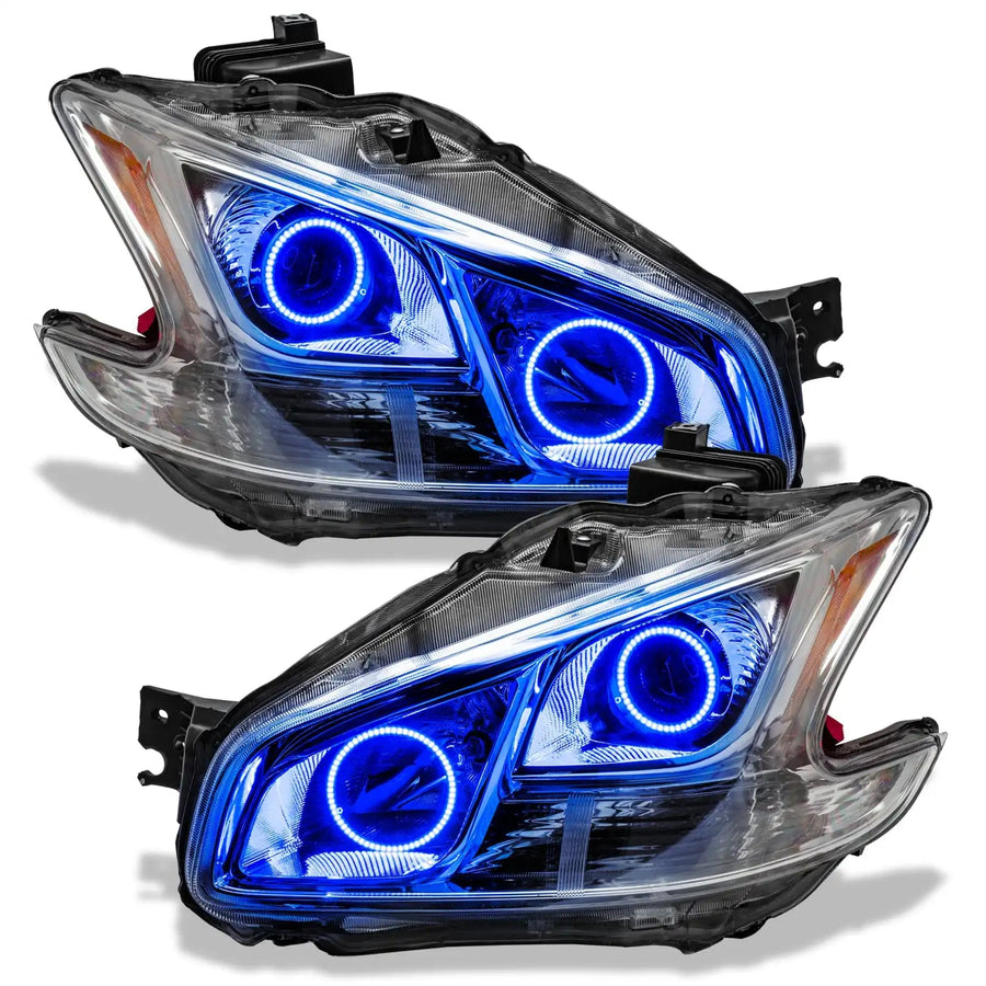 Nissan Maxima headlights with blue LED halo rings.