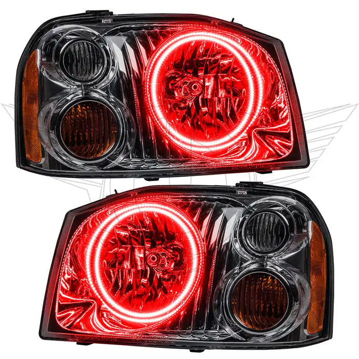 2001-2004 Nissan Frontier Pre-Assembled Halo Headlights with red LED halo rings.