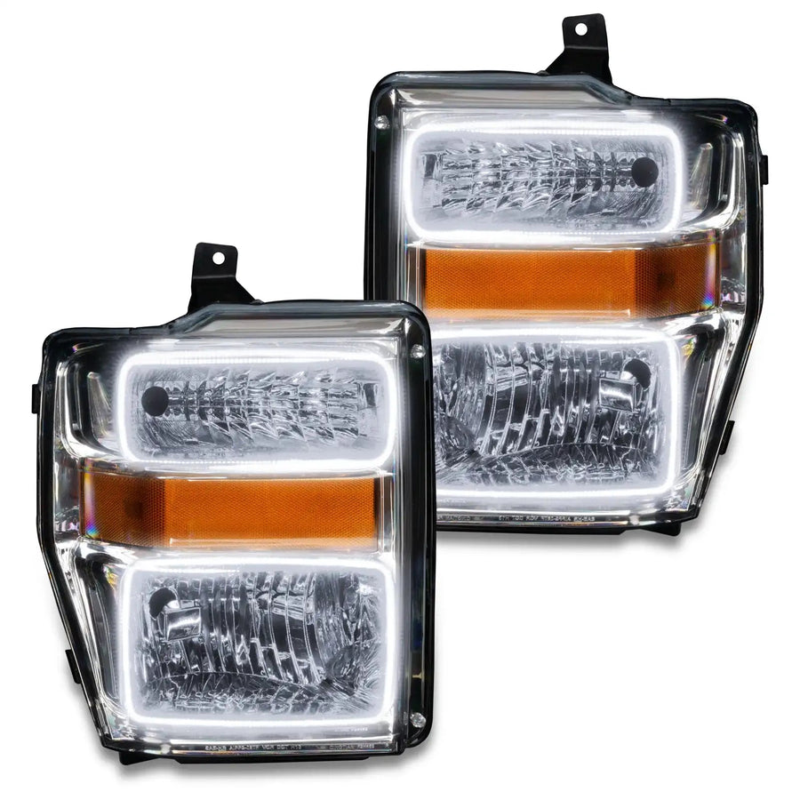Ford Super Duty headlights with white LED halo rings.